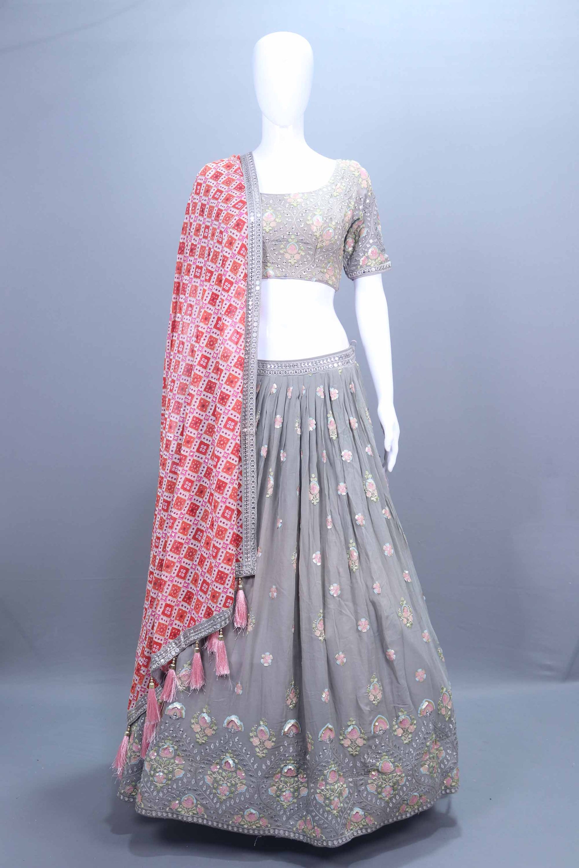 Elegant Grey Mirror Work Embroidered Lehenga Choli with Red Bandhani Dupatta