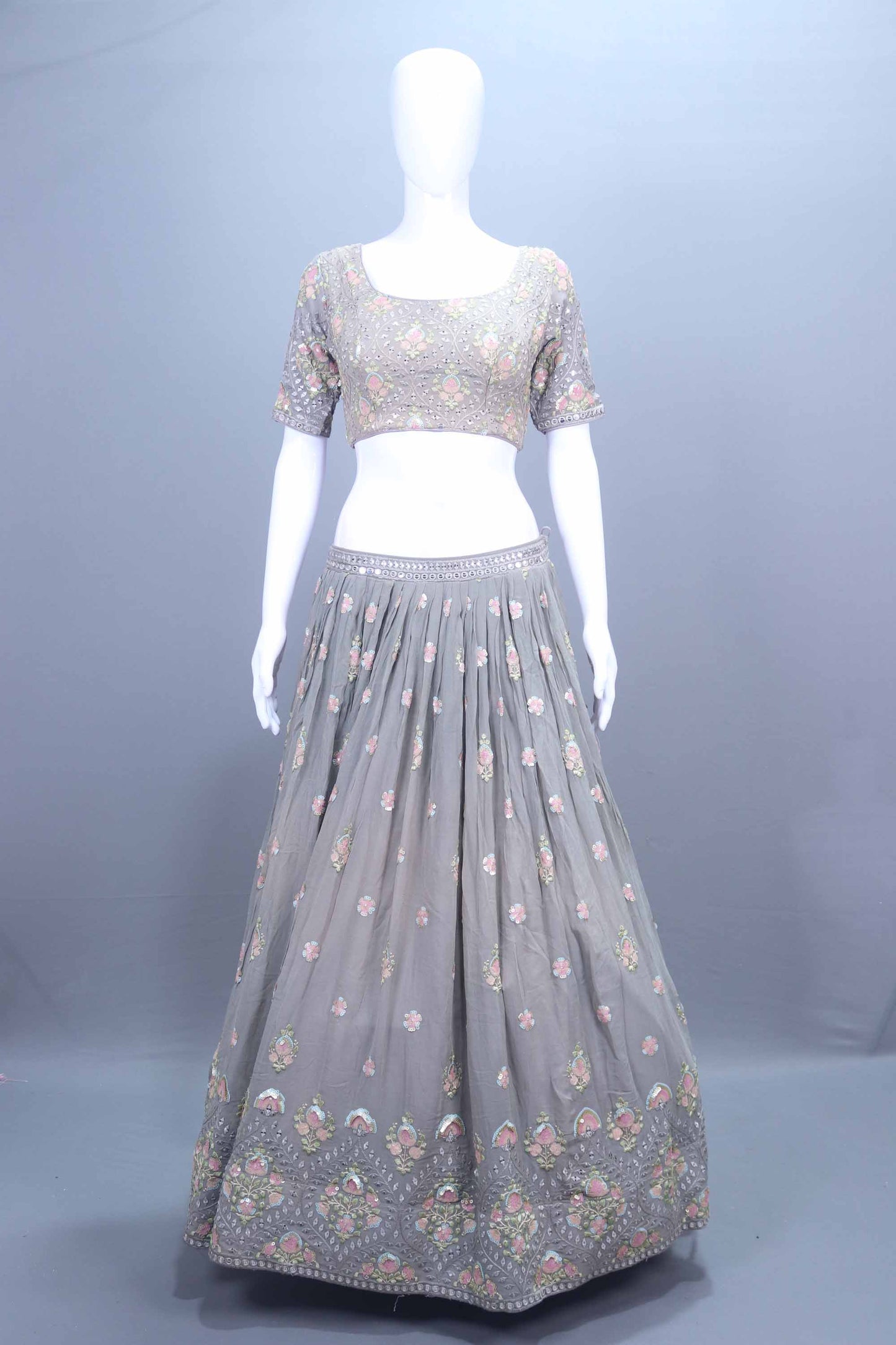 Elegant Grey Mirror Work Embroidered Lehenga Choli with Red Bandhani Dupatta