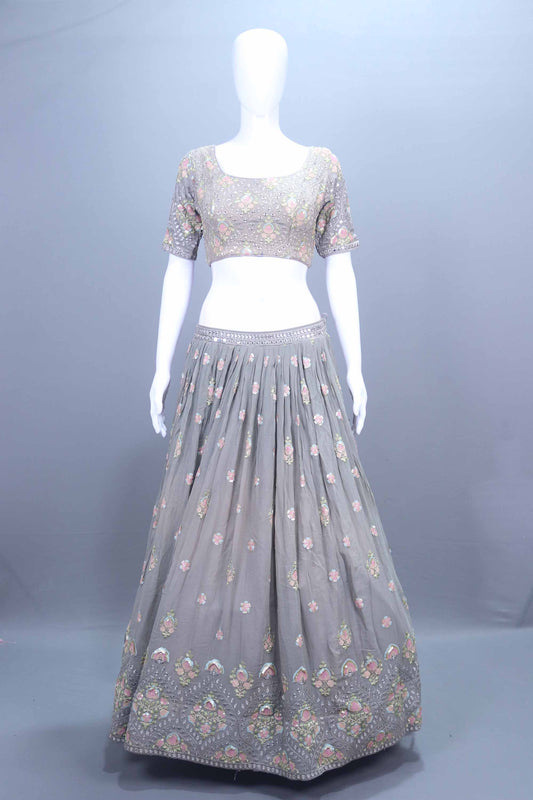 Elegant Grey Mirror Work Embroidered Lehenga Choli with Red Bandhani Dupatta