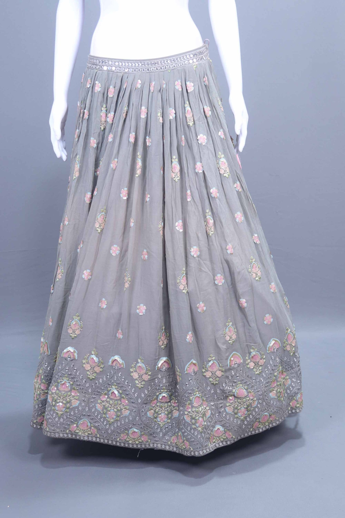 Elegant Grey Mirror Work Embroidered Lehenga Choli with Red Bandhani Dupatta