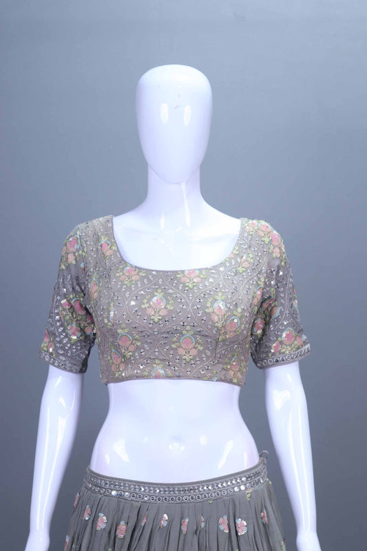 Elegant Grey Mirror Work Embroidered Lehenga Choli with Red Bandhani Dupatta