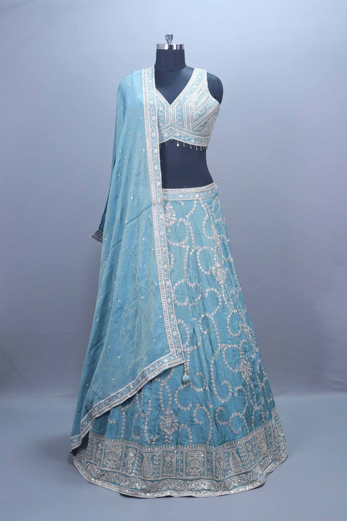 Sky Blue Heavy Embroidered Mirror Work Lehenga Choli with Dupatta