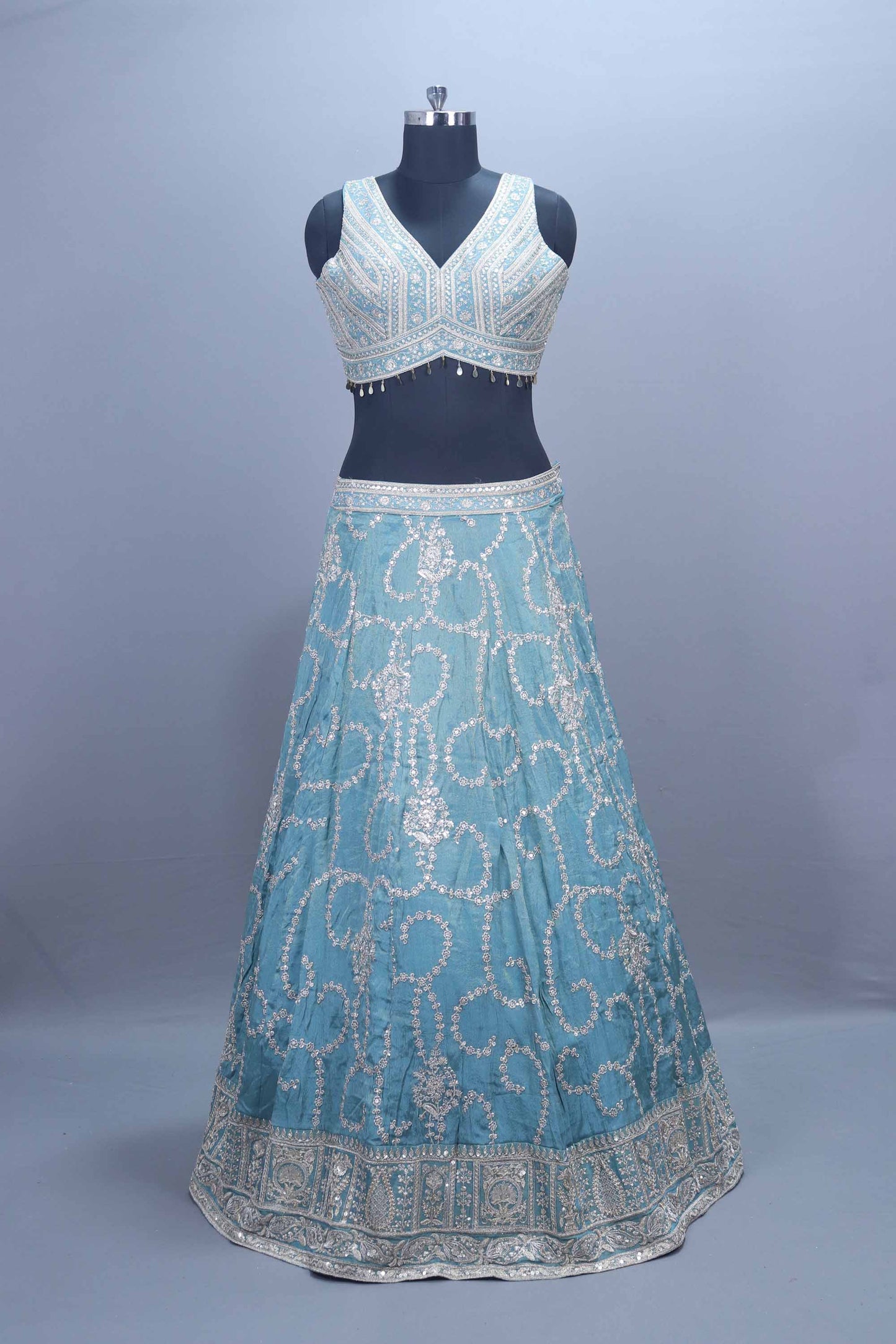 Sky Blue Heavy Embroidered Mirror Work Lehenga Choli with Dupatta