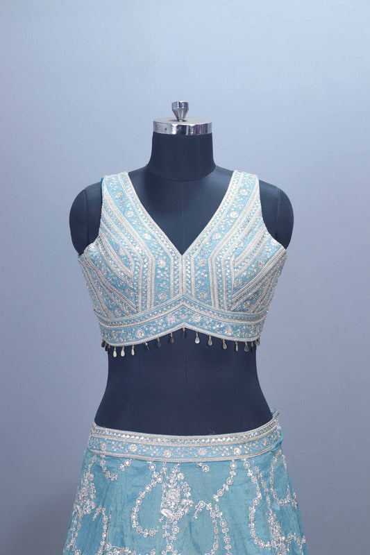 Sky Blue Heavy Embroidered Mirror Work Lehenga Choli with Dupatta