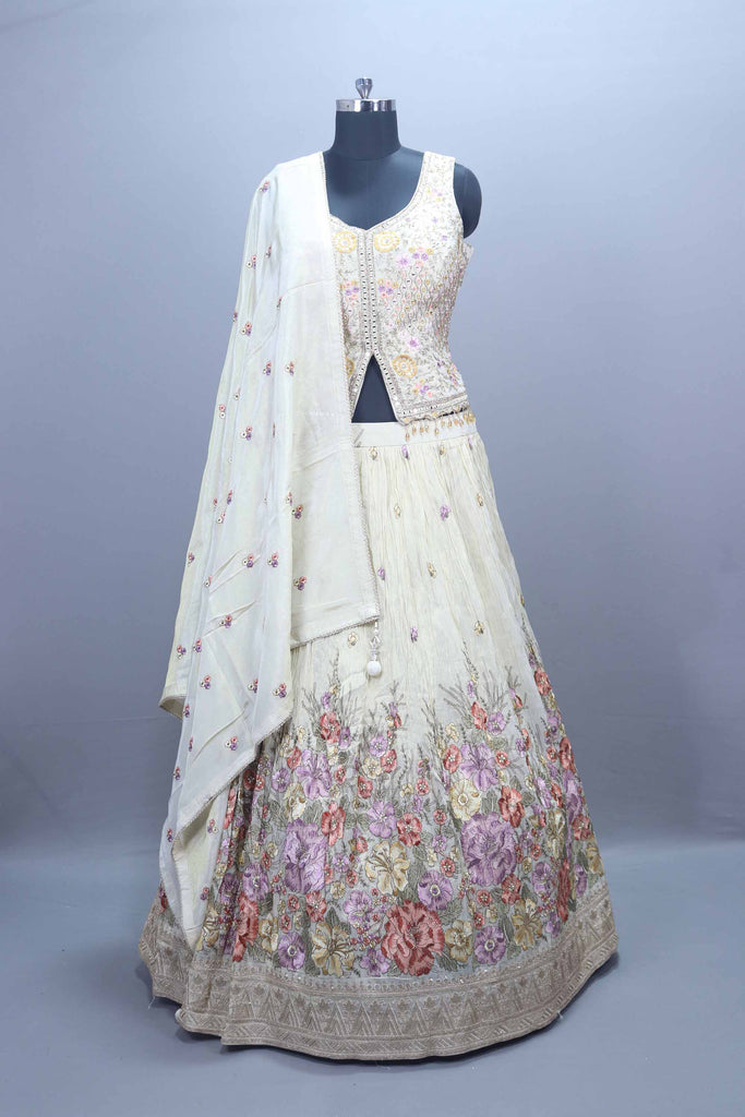 Off-White Floral Embroidered Lehenga Choli with Dupatta