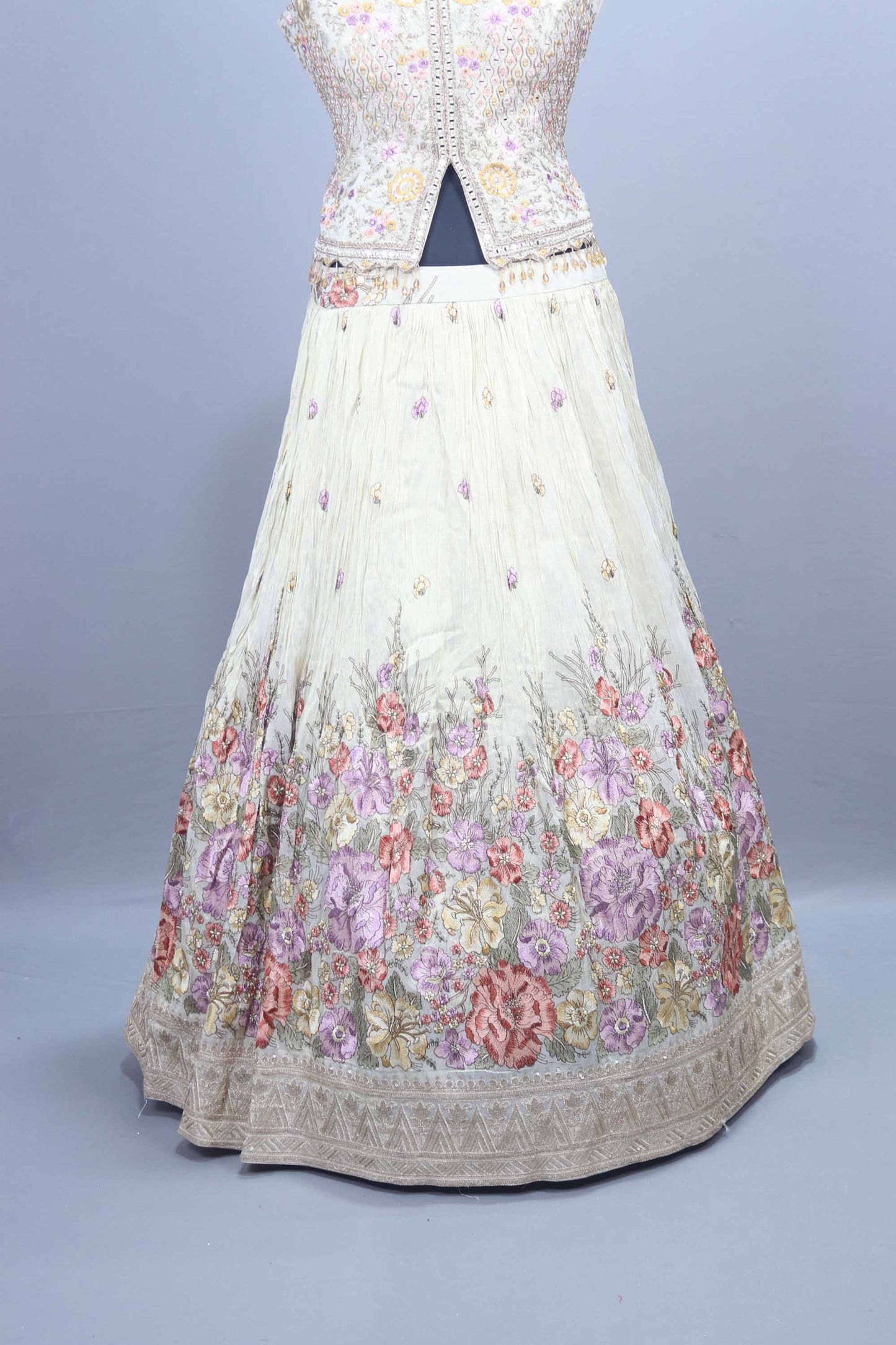 Off-White Floral Embroidered Lehenga Choli with Dupatta