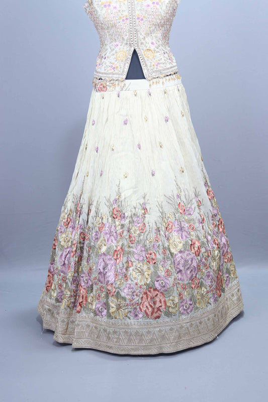 Off-White Floral Embroidered Lehenga Choli with Dupatta