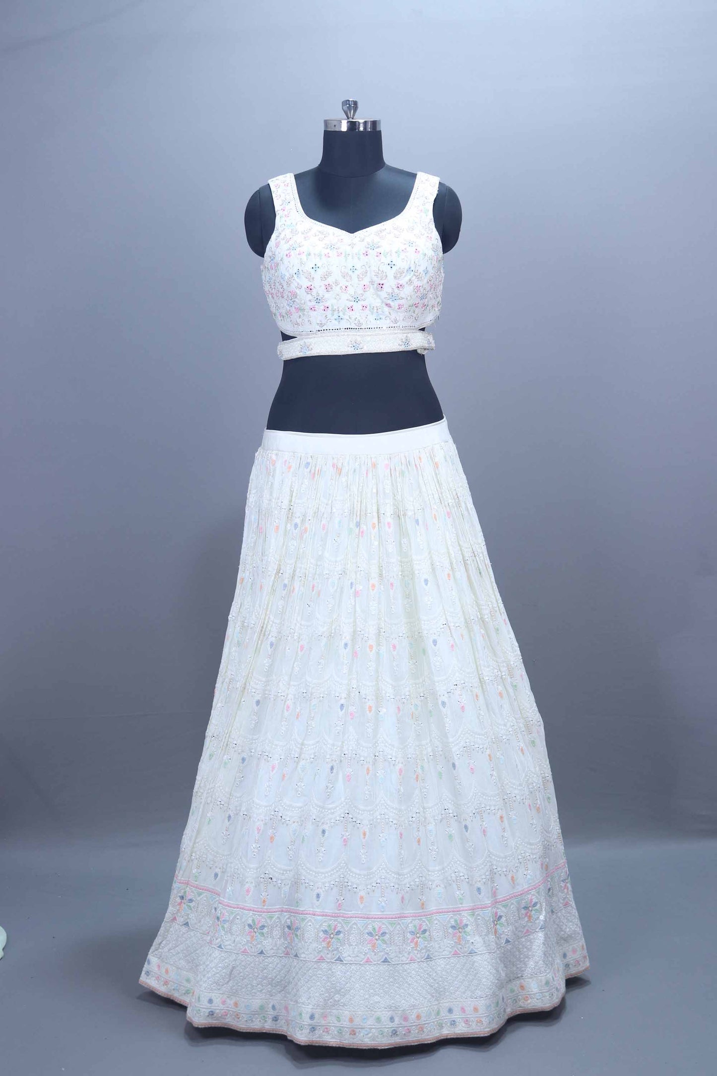 Elegant White Embroidered Lehenga Choli with Pastel Dupatta