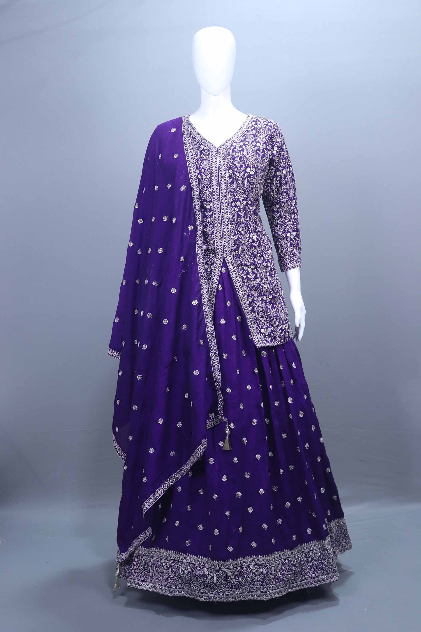 Royal Purple Embroidered Silk Anarkali Lehenga Set with Dupatta