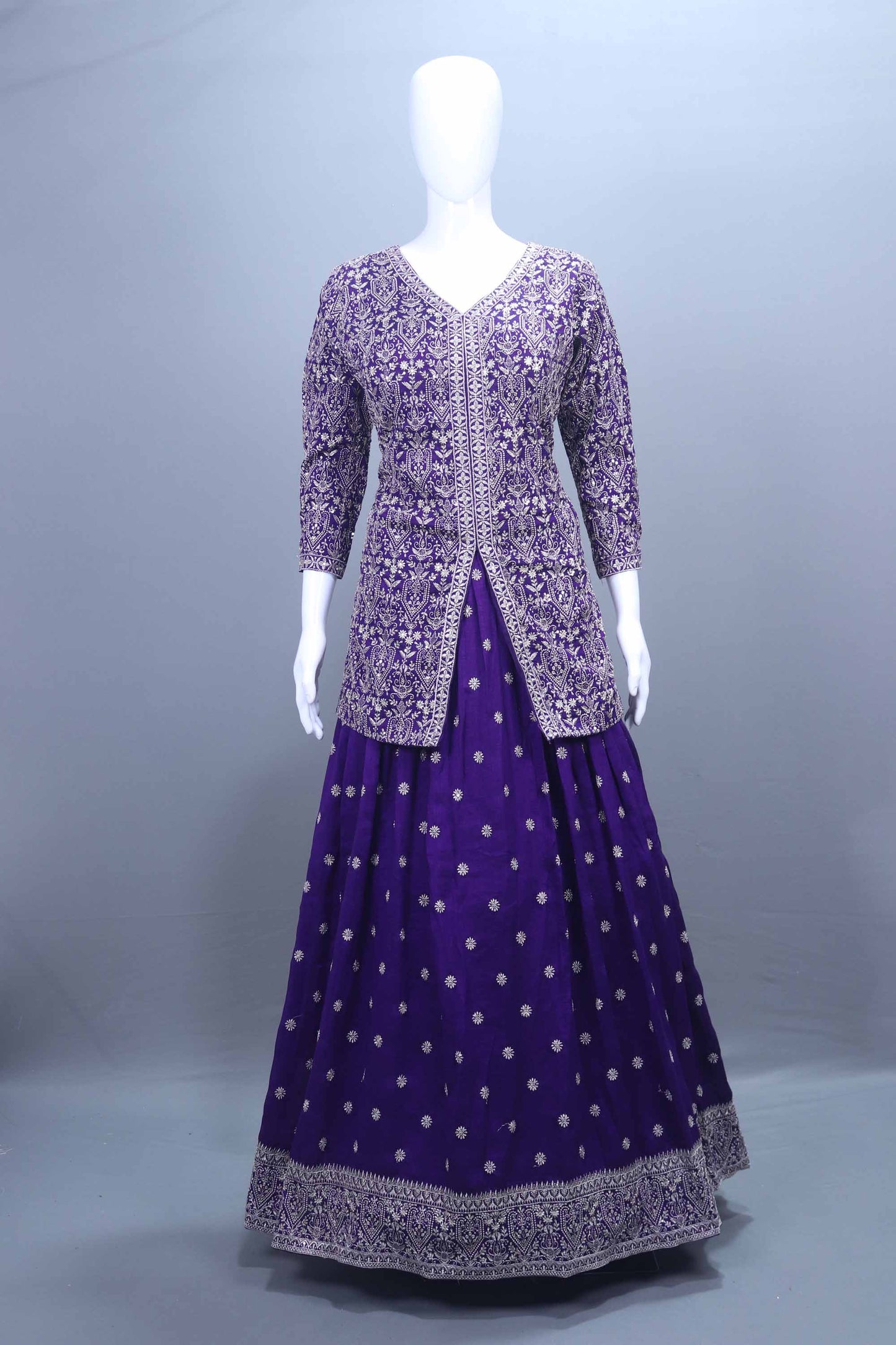 Royal Purple Embroidered Silk Anarkali Lehenga Set with Dupatta