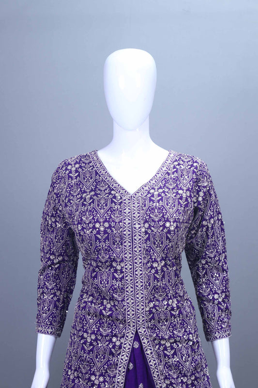 Royal Purple Embroidered Silk Anarkali Lehenga Set with Dupatta