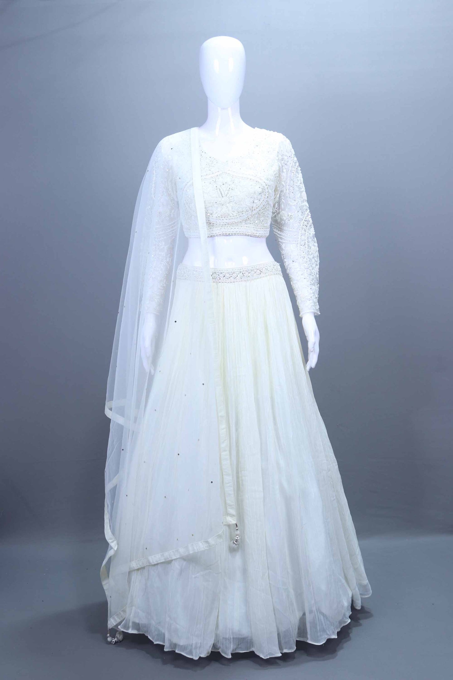 White Embroidered Net Lehenga Set with Full Sleeve Blouse and Dupatta