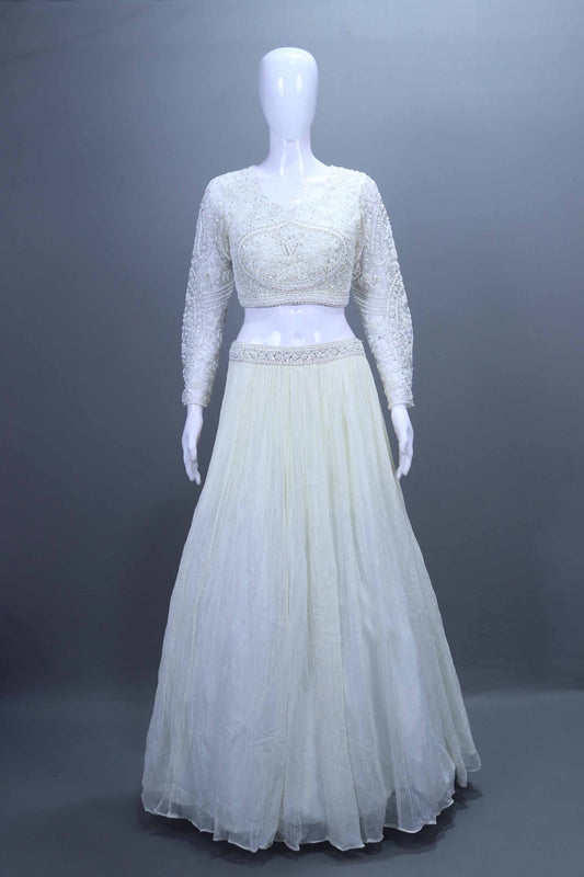White Embroidered Net Lehenga Set with Full Sleeve Blouse and Dupatta