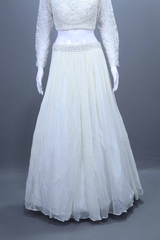 White Embroidered Net Lehenga Set with Full Sleeve Blouse and Dupatta
