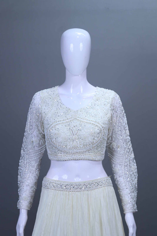 White Embroidered Net Lehenga Set with Full Sleeve Blouse and Dupatta
