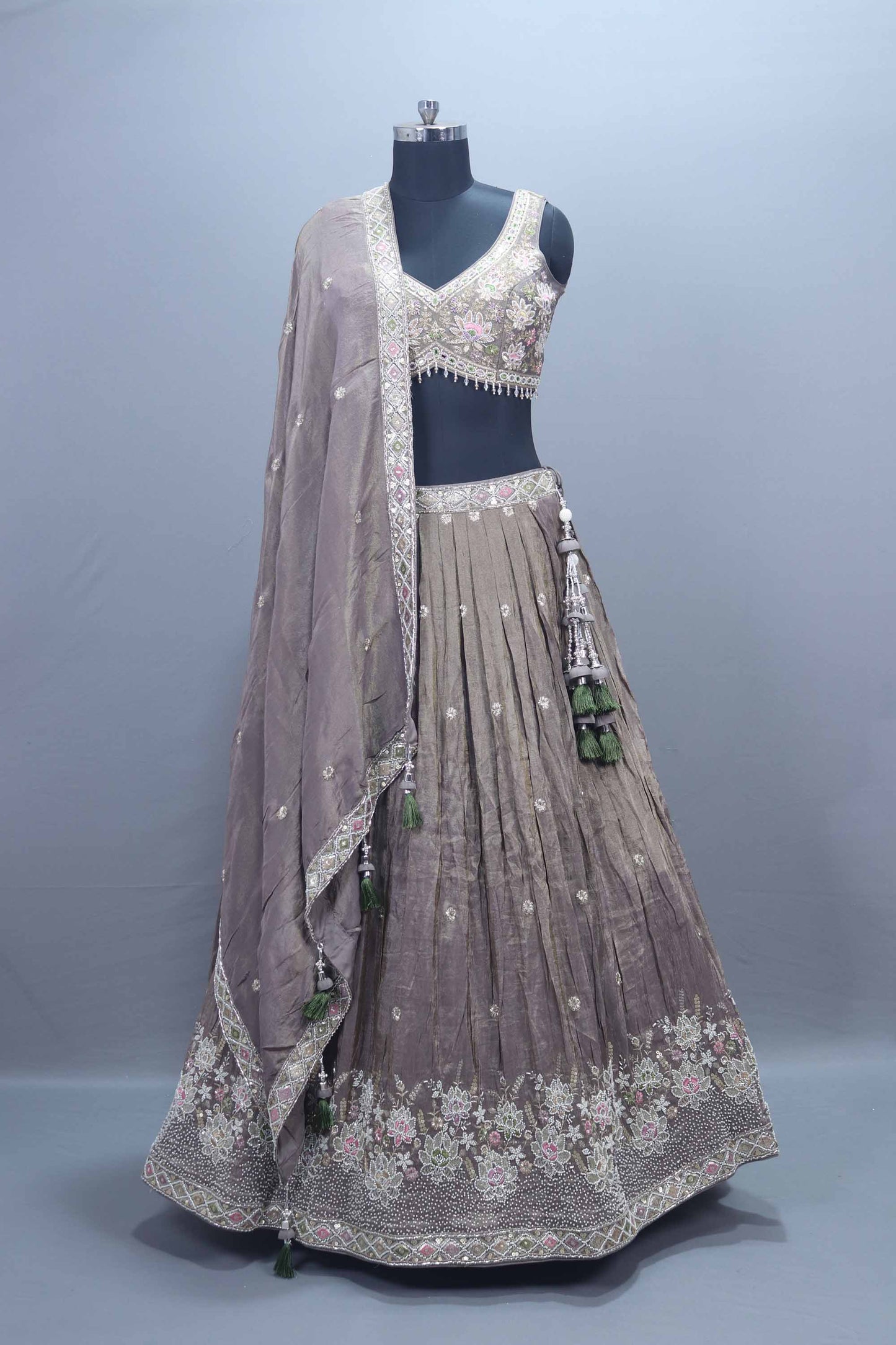 Designer Taupe Silk Lehenga Choli with Mirror Work Party Wear 
