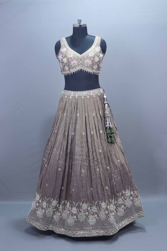 Designer Taupe Silk Lehenga Choli with Mirror Work Party Wear