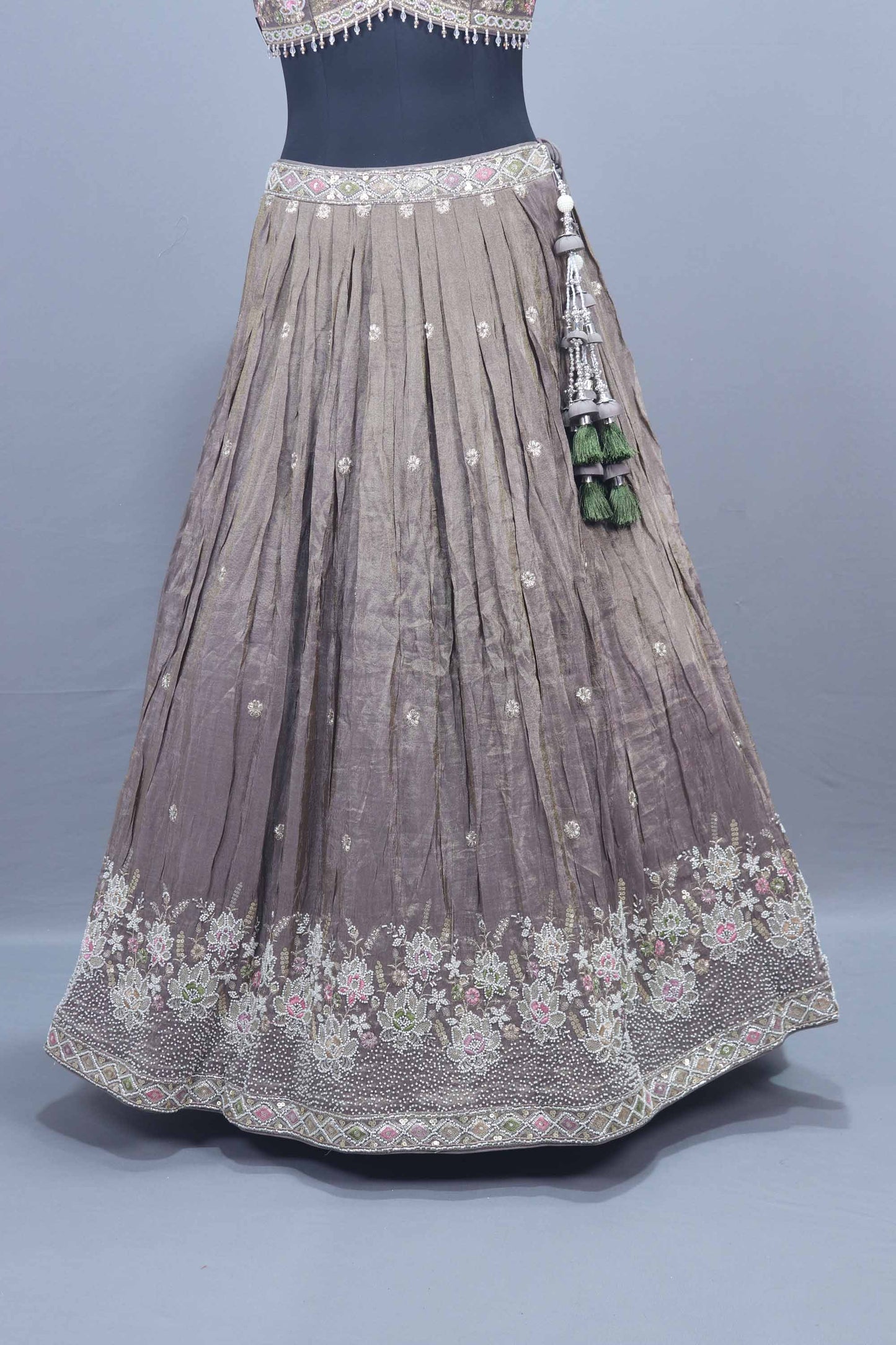Designer Taupe Silk Lehenga Choli with Mirror Work Party Wear
