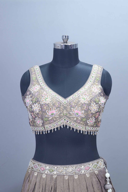 Designer Taupe Silk Lehenga Choli with Mirror Work Party Wear