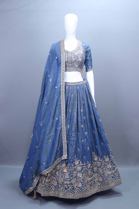 Designer Navy Blue Silk Embroidered Lehenga Choli with Dupatta 