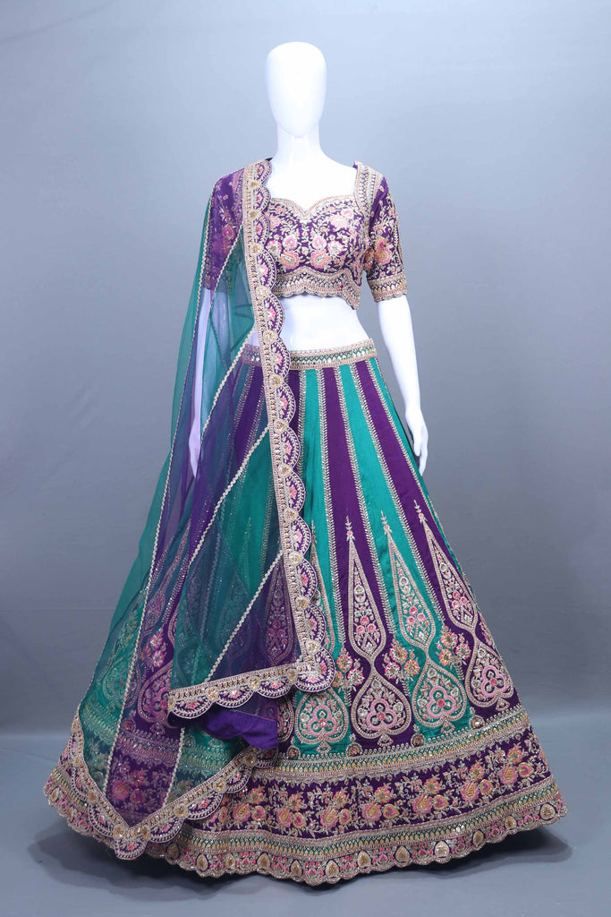 Designer Purple and Teal Velvet Lehenga Choli with Net Dupatta