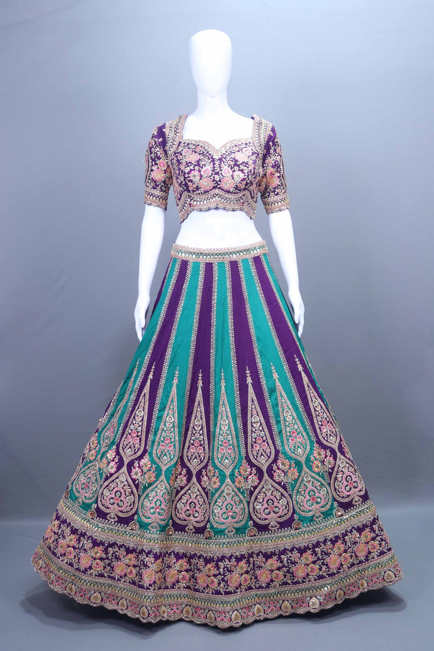 Designer Purple and Teal Velvet Lehenga Choli with Net Dupatta