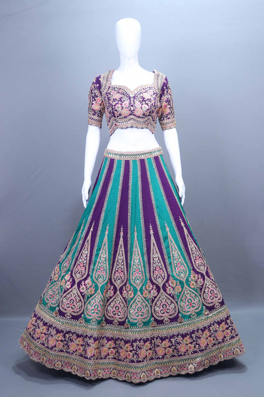 Designer Purple and Teal Velvet Lehenga Choli with Net Dupatta