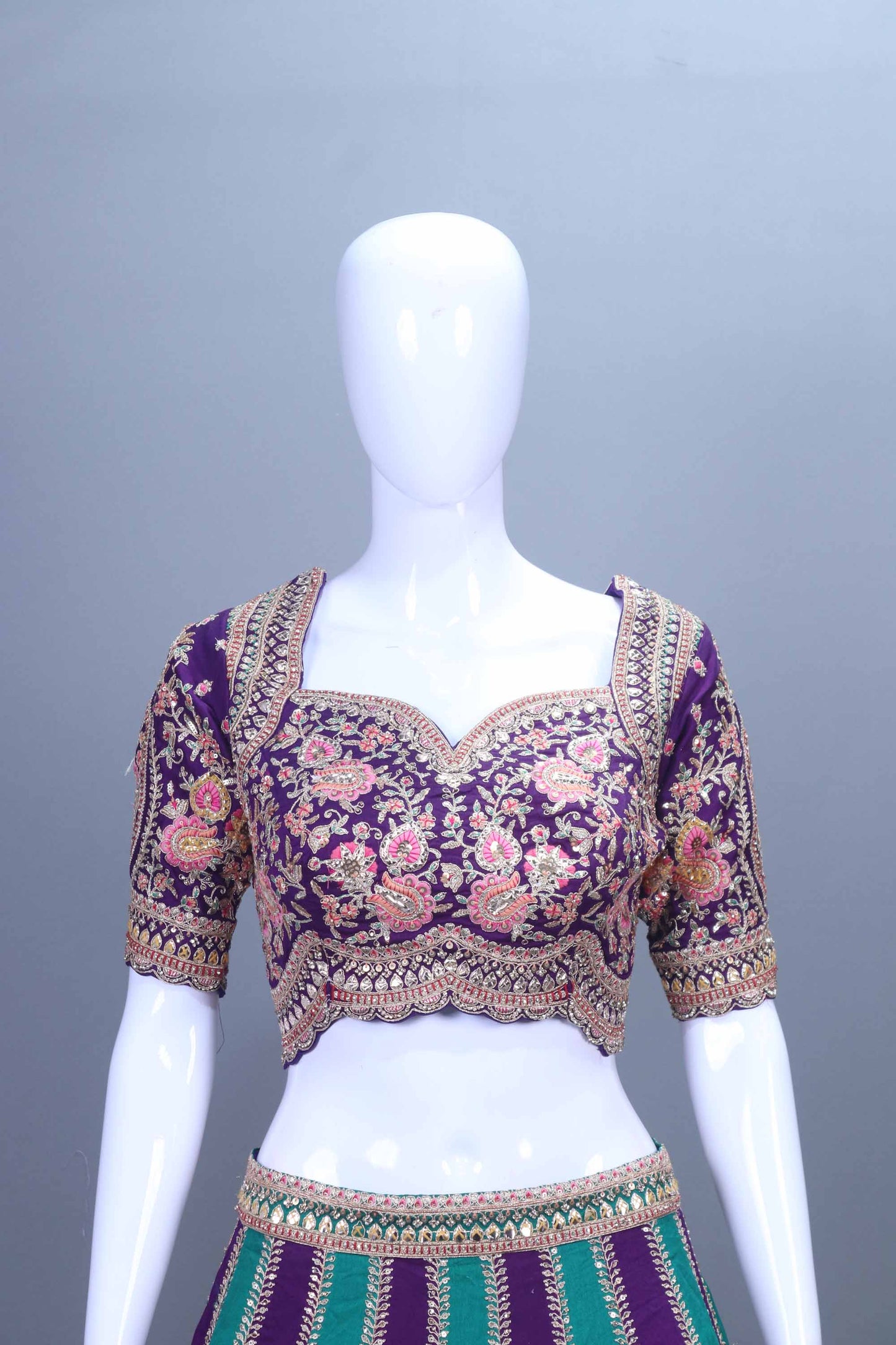 Designer Purple and Teal Velvet Lehenga Choli with Net Dupatta