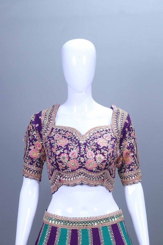 Designer Purple and Teal Velvet Lehenga Choli with Net Dupatta