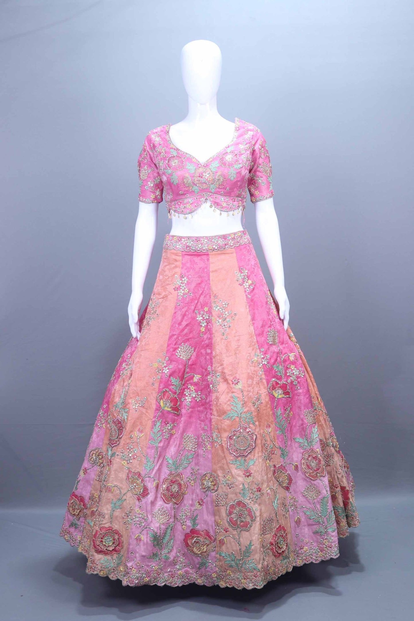 Designer Peach Pink Embroidered Velvet Lehenga Choli with Net Dupatta