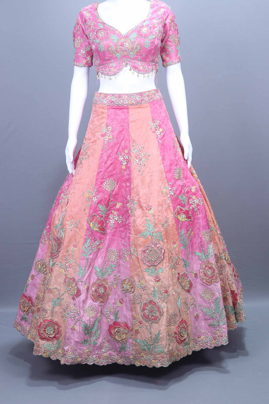 Designer Peach Pink Embroidered Velvet Lehenga Choli with Net Dupatta