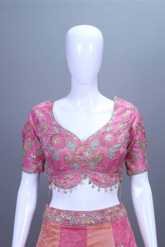 Designer Peach Pink Embroidered Velvet Lehenga Choli with Net Dupatta