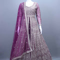 Designer Luxury Wine Heavy Anarkali Bridal Floor Length Gown Net Dupatta