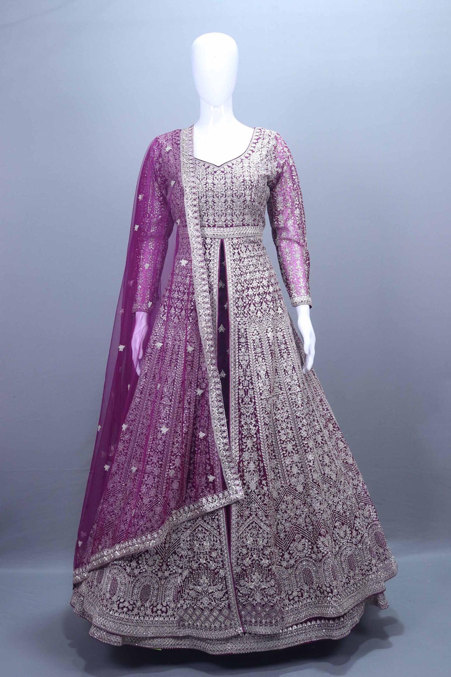 Designer Luxury Wine Heavy Anarkali Bridal Floor Length Gown Net Dupatta