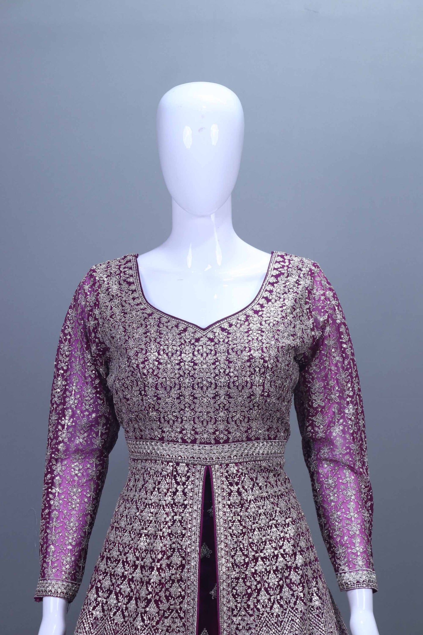 Designer Luxury Wine Heavy Anarkali Bridal Floor Length Gown Net Dupatta