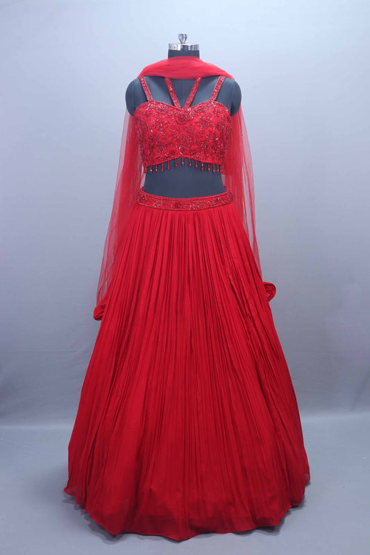 Designer Red Georgette Embroidered Lehenga Choli with Dupatta 
