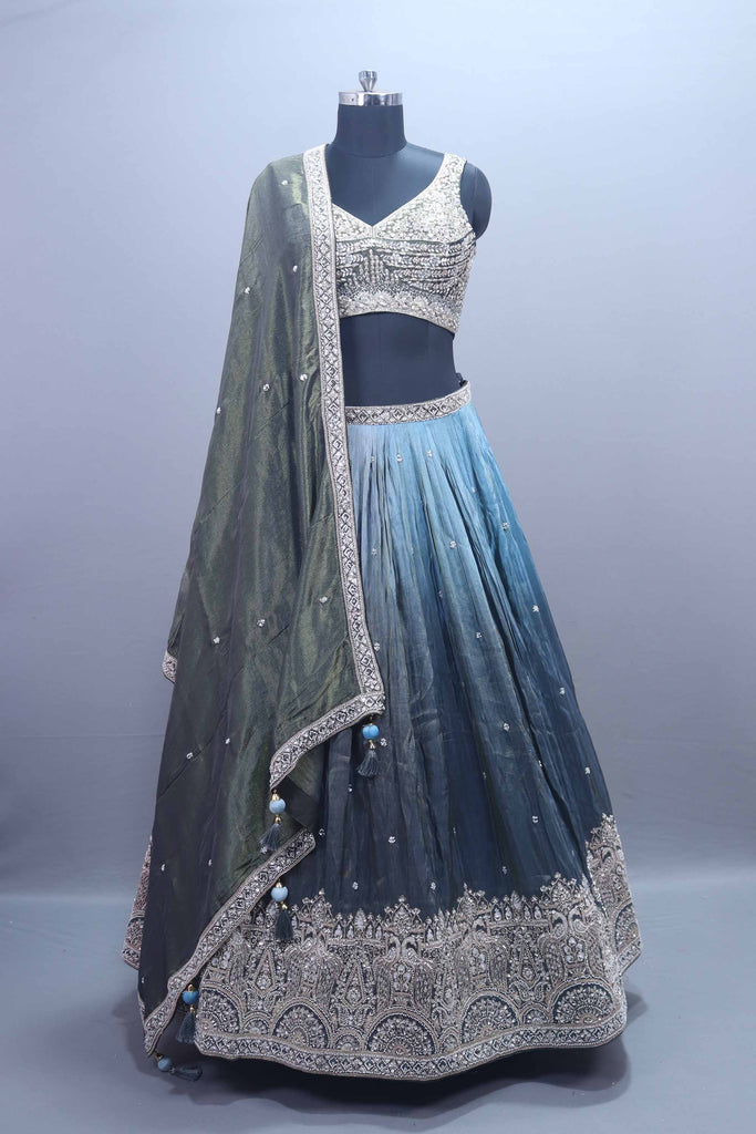 Designer Grey Blue Ombre Embroidered Silk Lehenga Choli With Dupatta