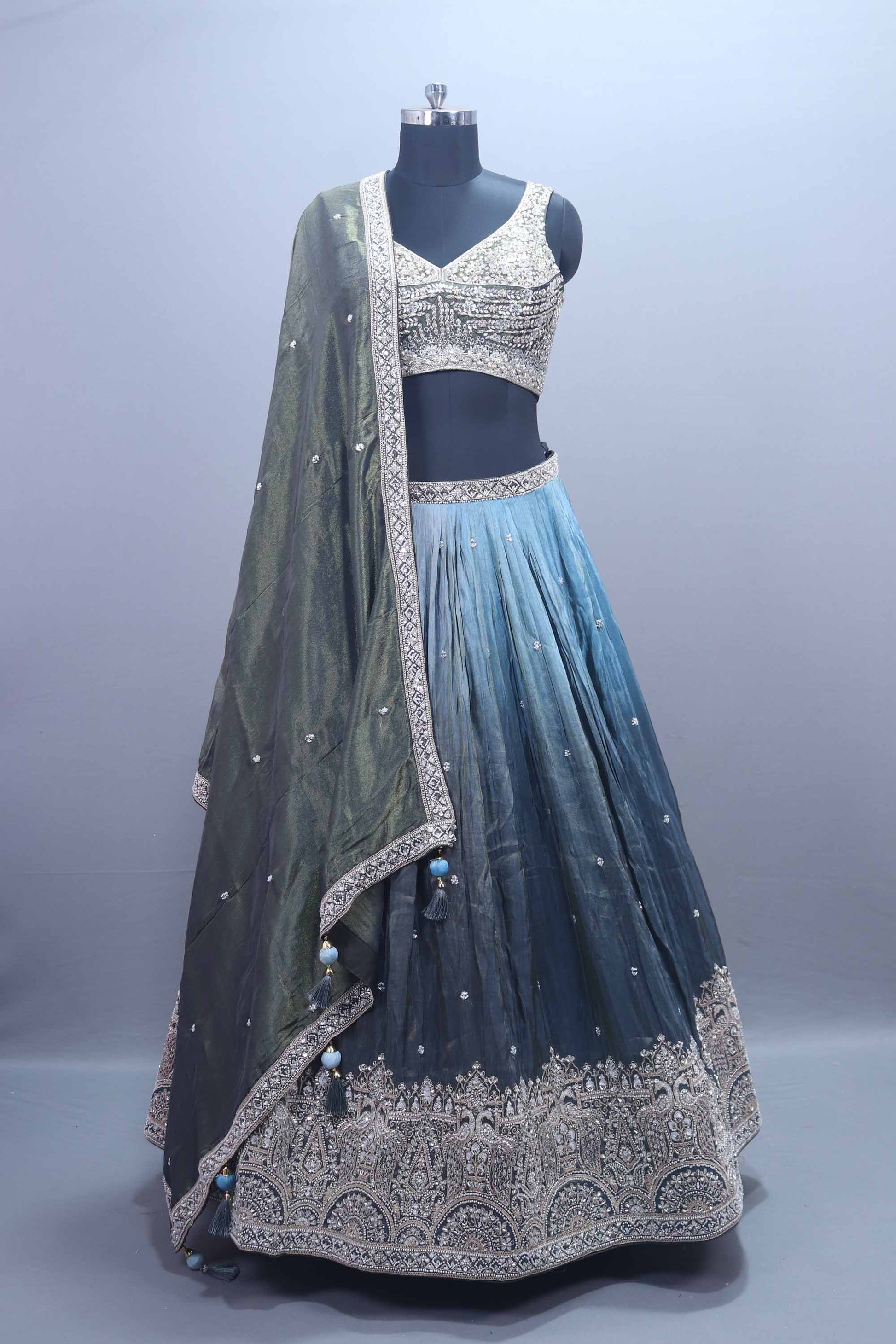 Designer Grey Blue Ombre Embroidered Silk Lehenga Choli With Dupatta