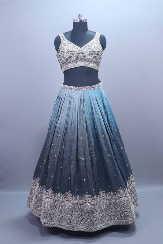 Designer Grey Blue Ombre Embroidered Silk Lehenga Choli With Dupatta