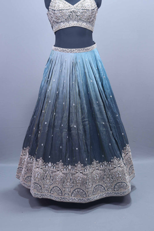 Designer Grey Blue Ombre Embroidered Silk Lehenga Choli With Dupatta
