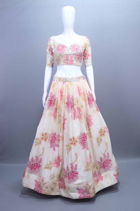 Cream and Pink Floral Embroidered Designer Lehenga Choli with Dupatta