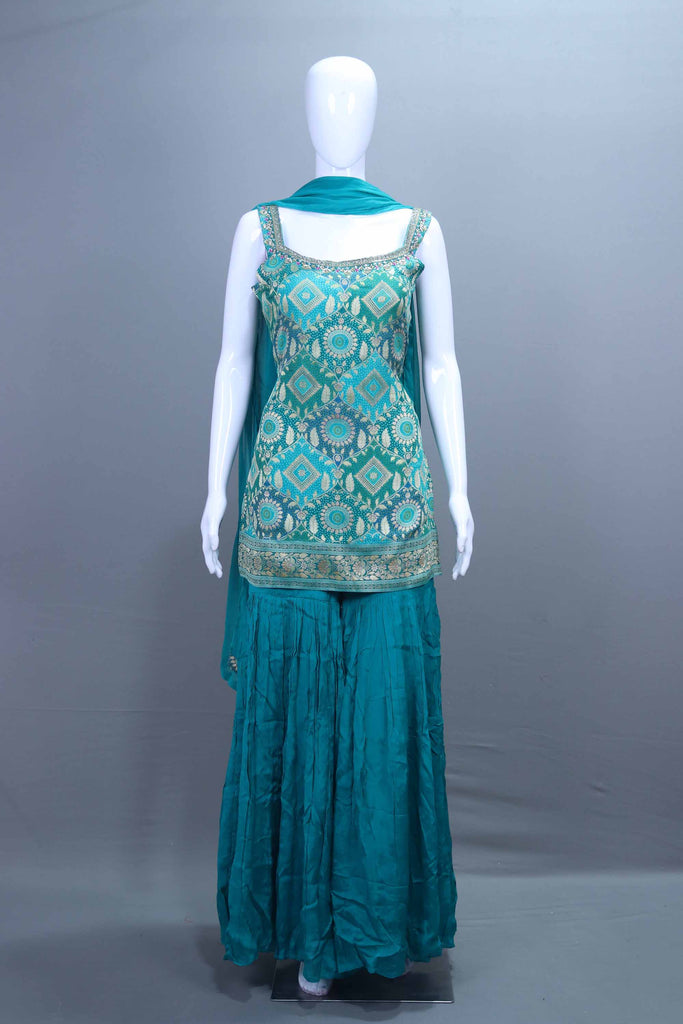  Teal Blue Sharara Suit with Banarasi Work Designer Party Wear 