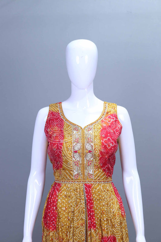 Yellow Red Bandhani Sharara Suit Designer Outfit Wear