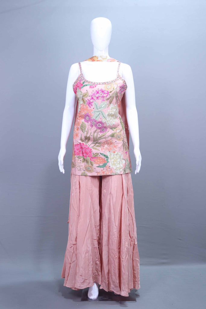 Peach Sharara Suit Designer Sleeveless Kurti with Flared Sharara Pants