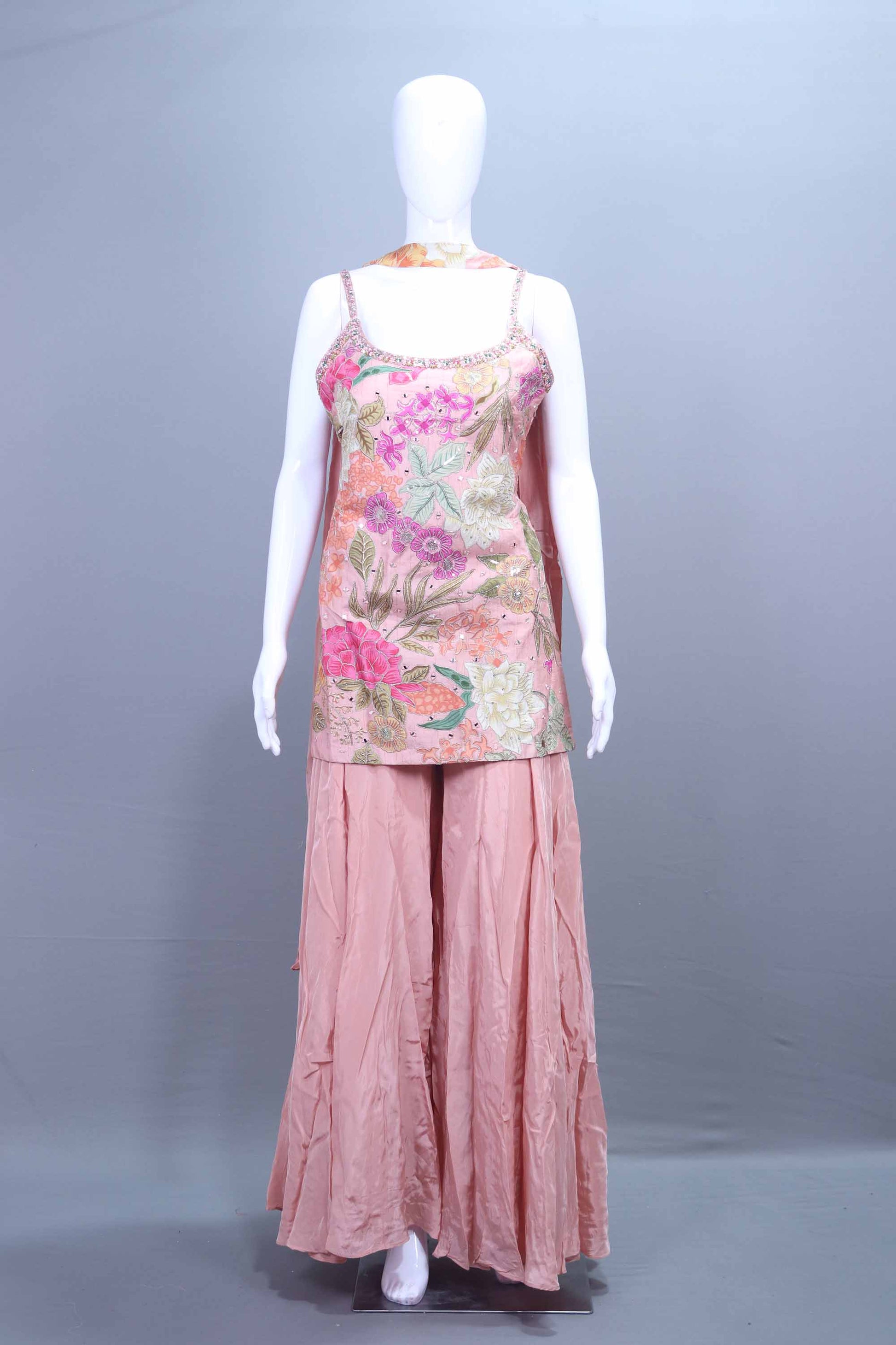 Peach Sharara Suit Designer Sleeveless Kurti with Flared Sharara Pants