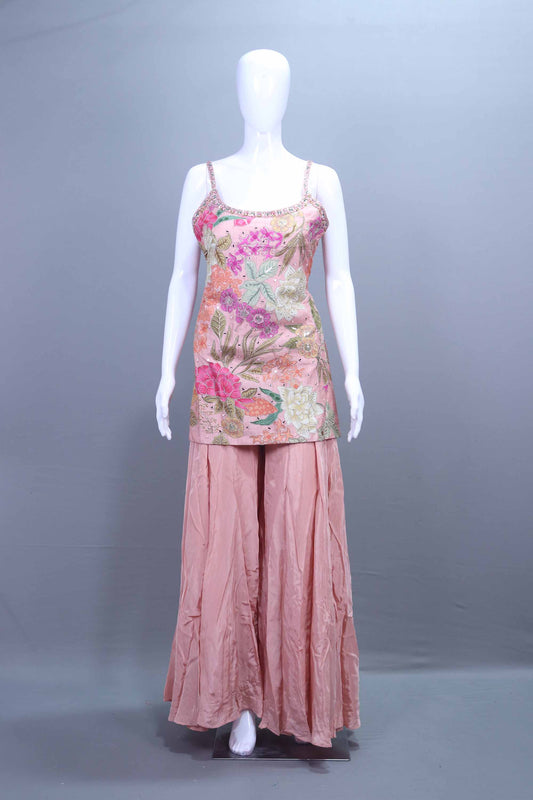 Peach Sharara Suit Designer Sleeveless Kurti with Flared Sharara Pants