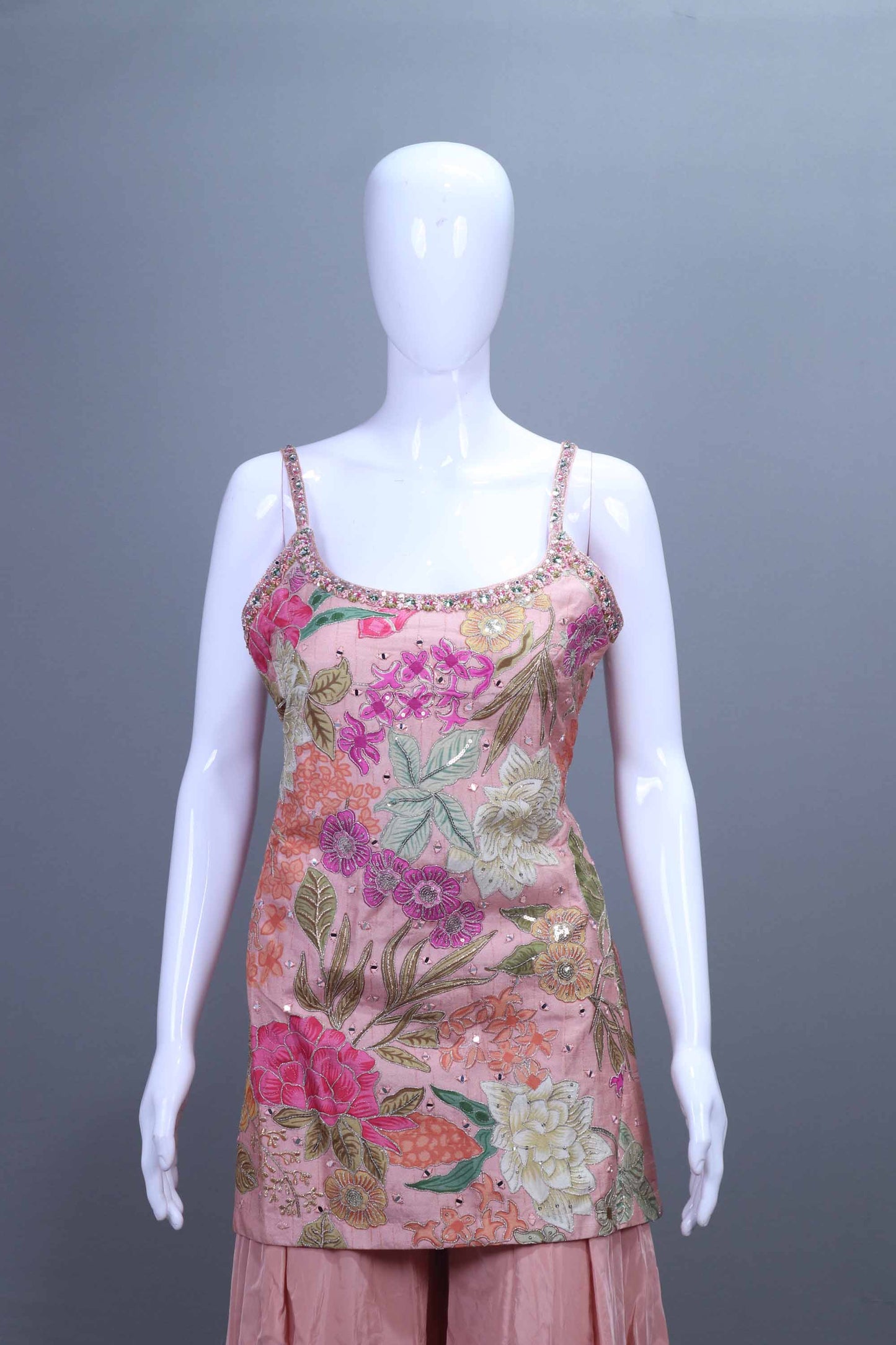 Peach Sharara Suit Designer Sleeveless Kurti with Flared Sharara Pants