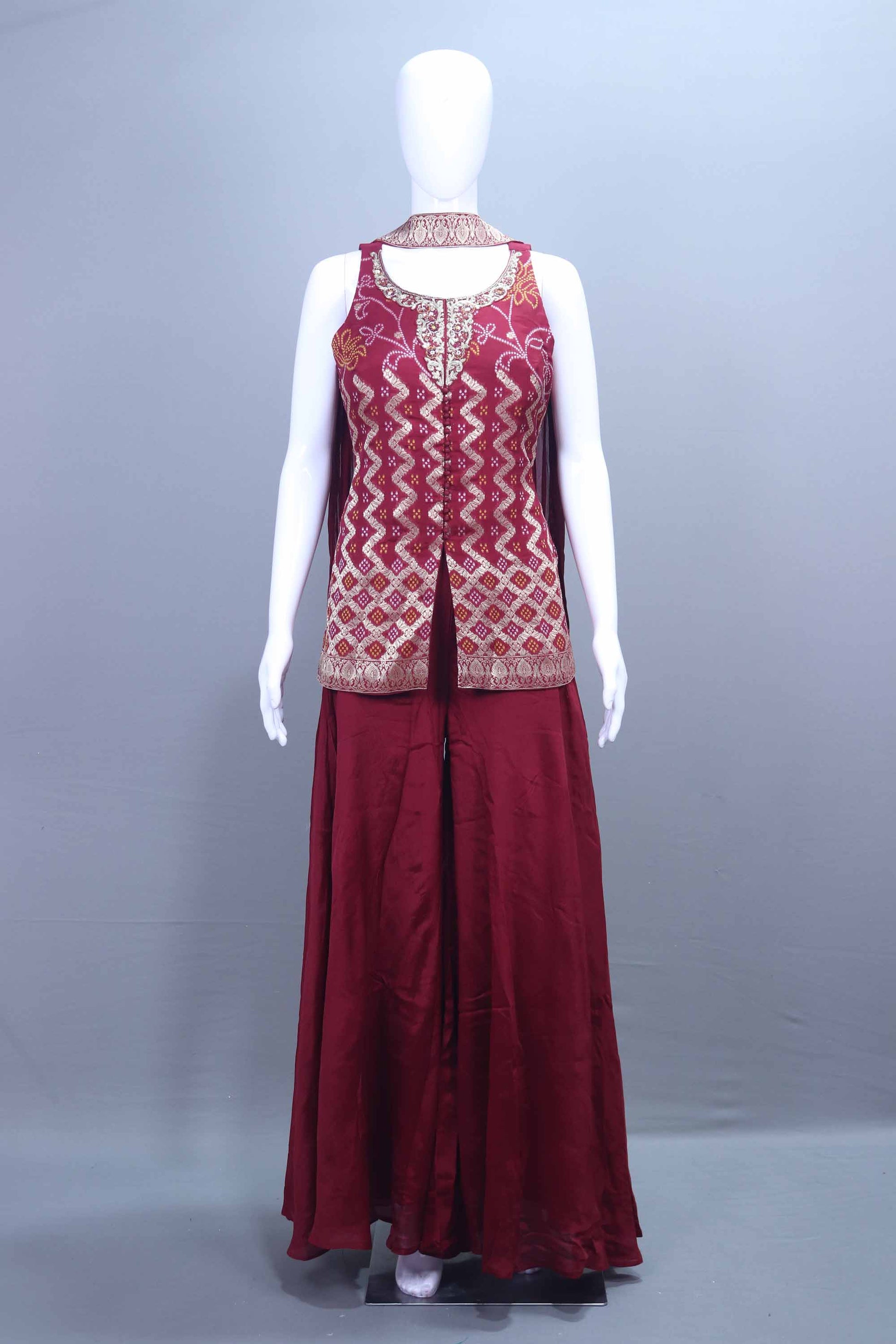 Maroon Embroidered Sleeveless Kurti with Flared Sharara Pants