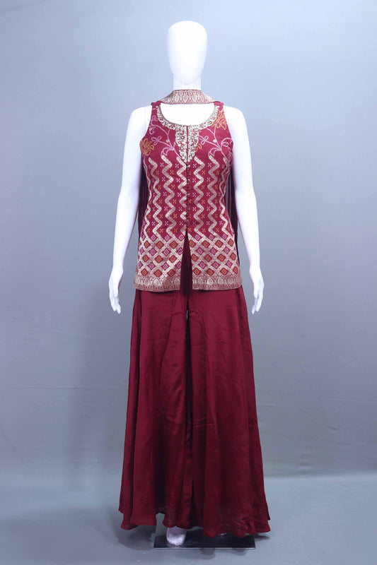 Maroon Embroidered Sleeveless Kurti with Flared Sharara Pants