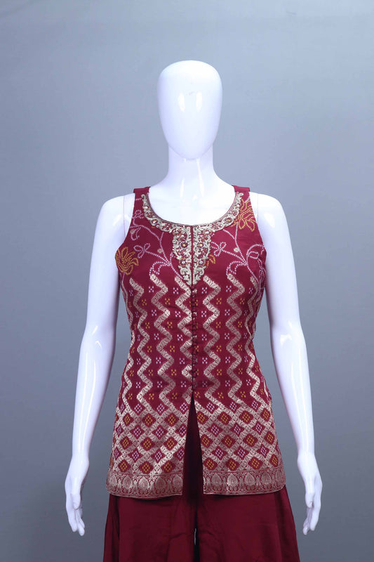 Maroon Embroidered Sleeveless Kurti with Flared Sharara Pants